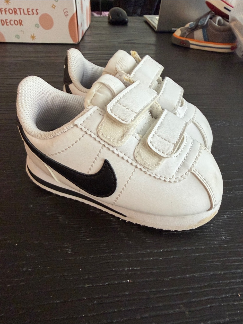 Nike Kids White Velcro Sneakers with Black Swoosh Accent